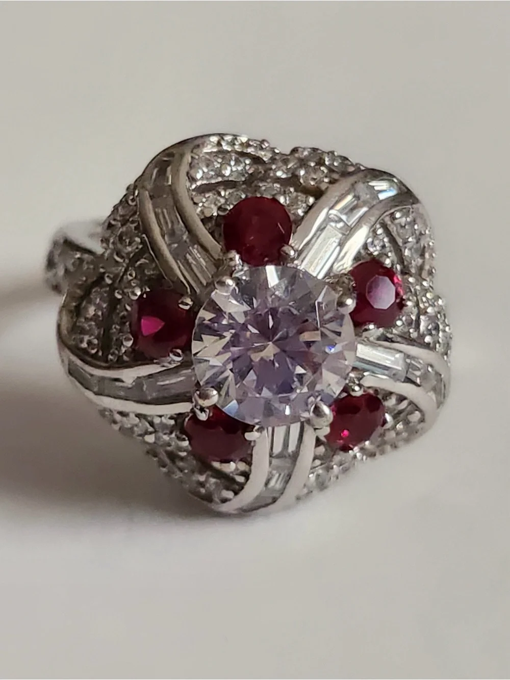Jean Dousset JD Ruby Colored CZ Cocktail Ring 925 Sterling Silver Size 6